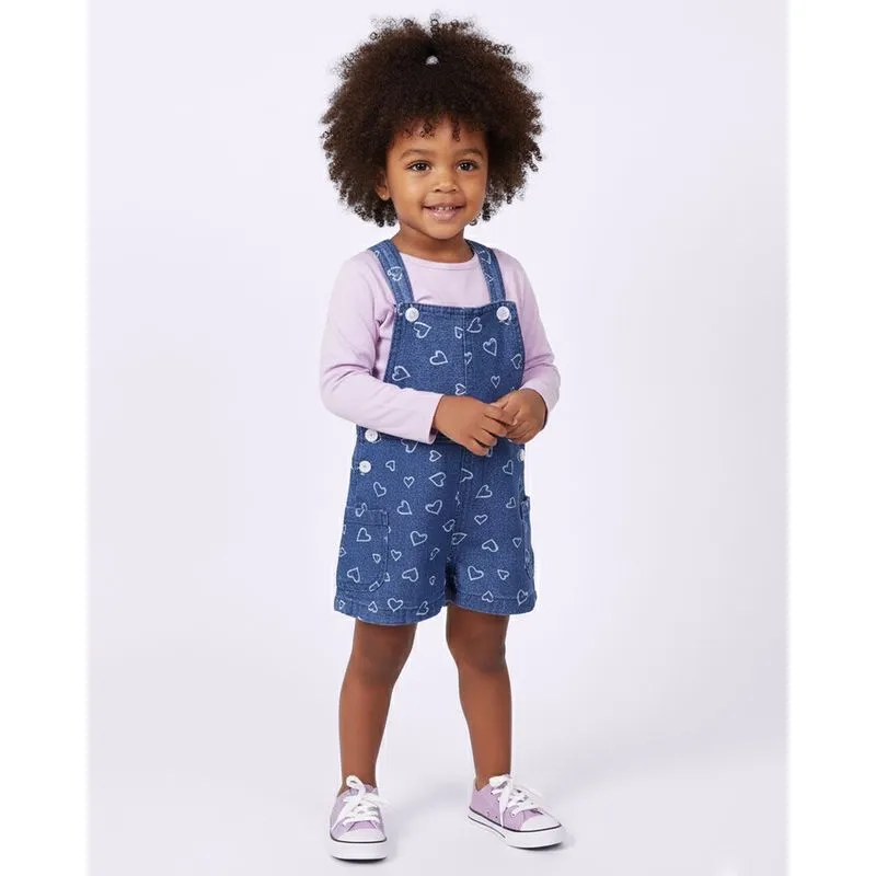 Macaquinho Bebê Jeans Estampado Coração Azul 1