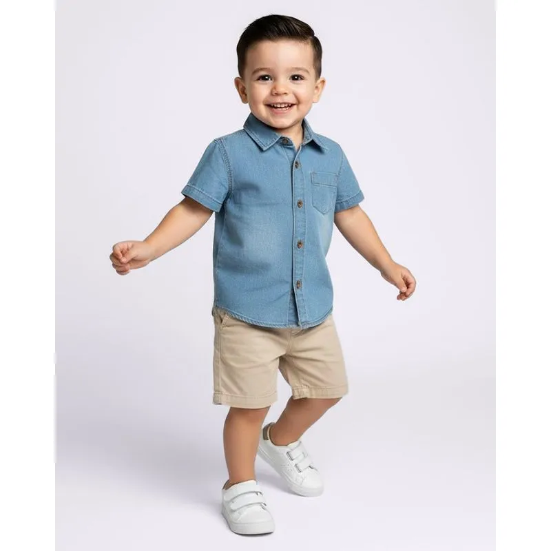 Camisa Jeans Bebê com Bolso Manga Curta Azul 3
