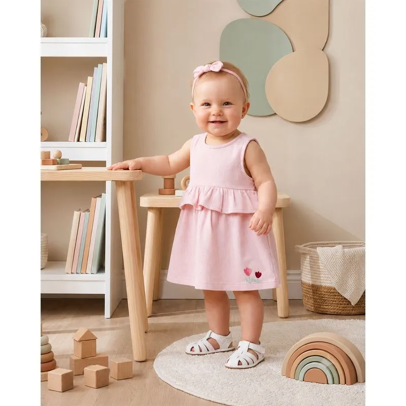 Vestido Sarja Bebê Listrado com Bordado Rosa M