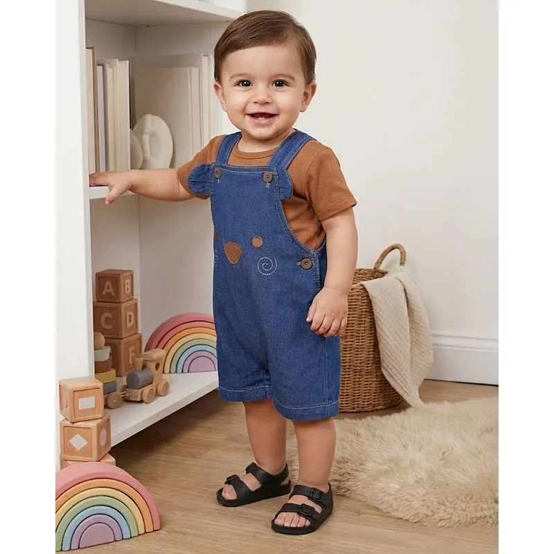 Jardineira Bebê Jeans Estampa Bordada Urso Azul M