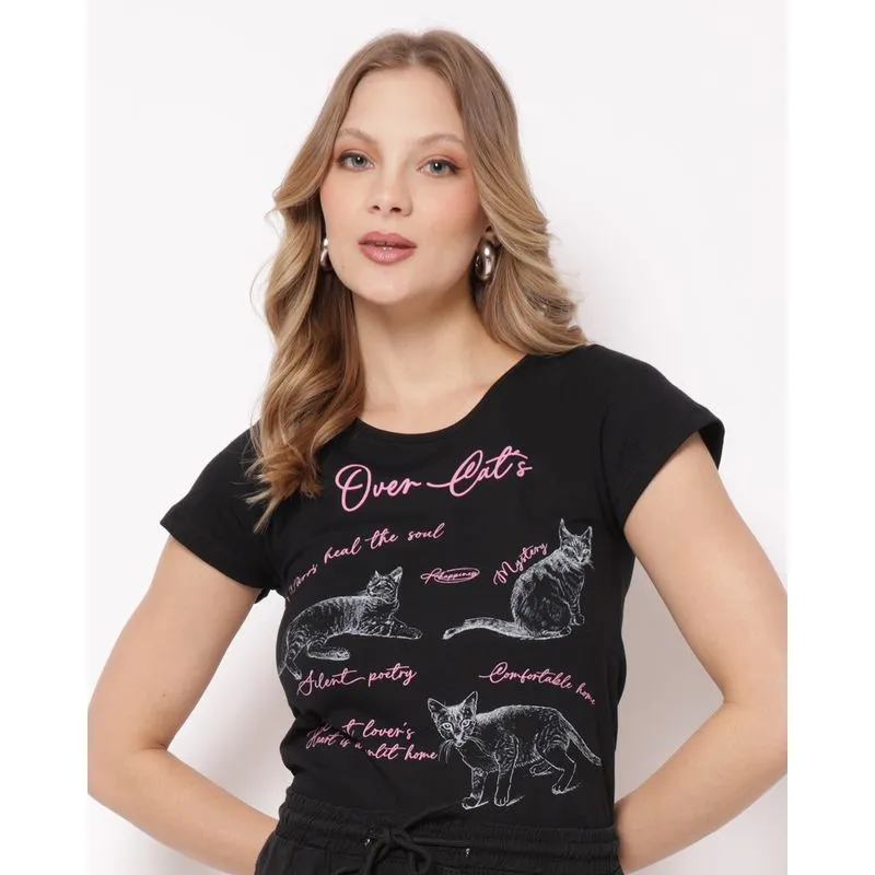 Camiseta Feminina Algodão Estampa Frontal Manga Curta Preta GG