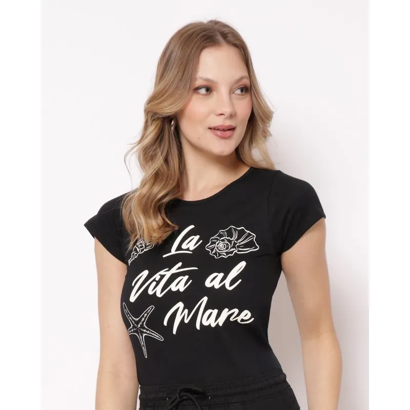 Camiseta Feminina Algodão Estampa Frontal Preta G