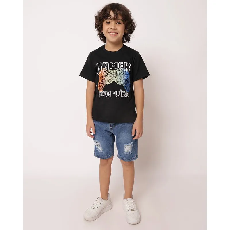 Bermuda Jeans Infantil Destroyed com Bolsos Ajustador Azul 6