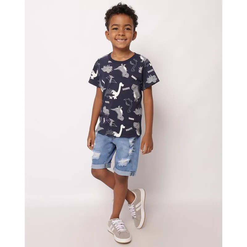 Bermuda Jeans Infantil Destroyed com Barra Dobrada Azul 4
