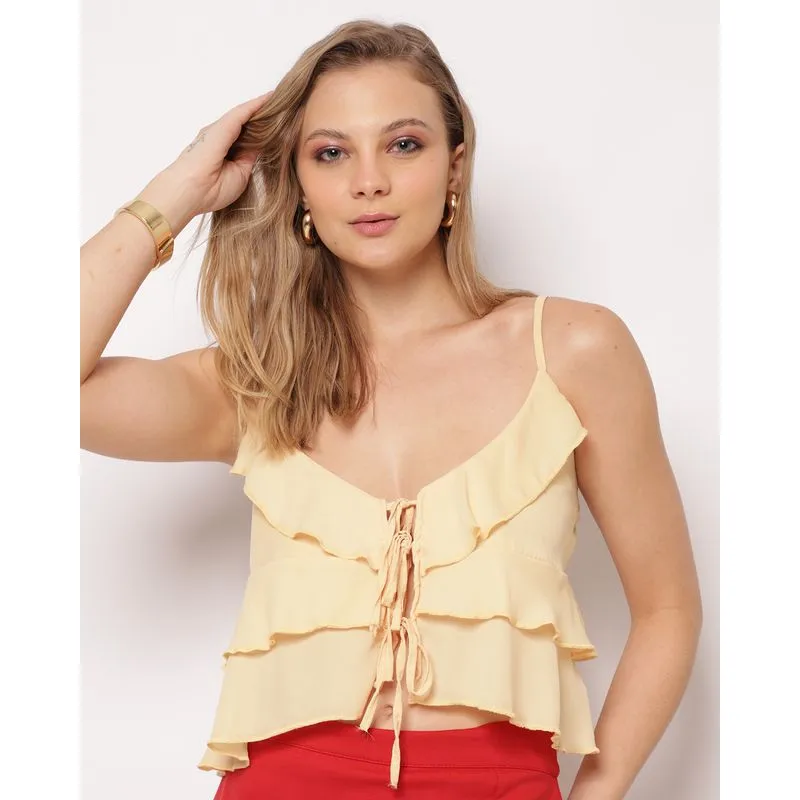 Blusa Cropped Feminina com Babados e Amarração Frontal Amarela M