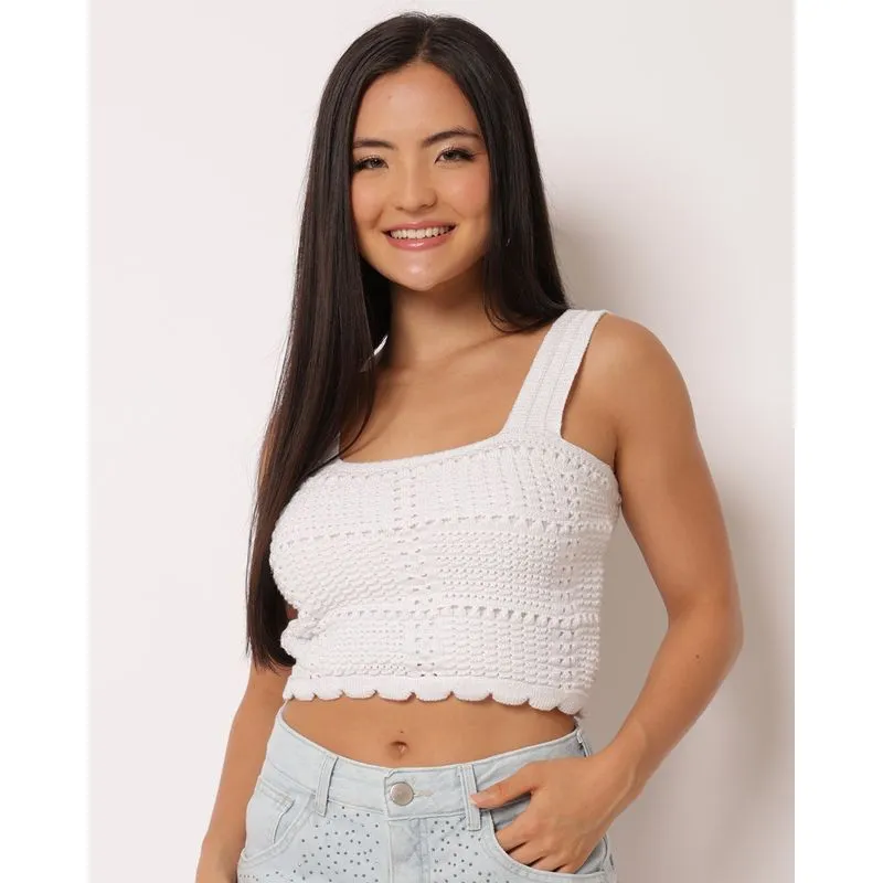 Regata Feminina Cropped Tricô com Fio Lurex Branca M