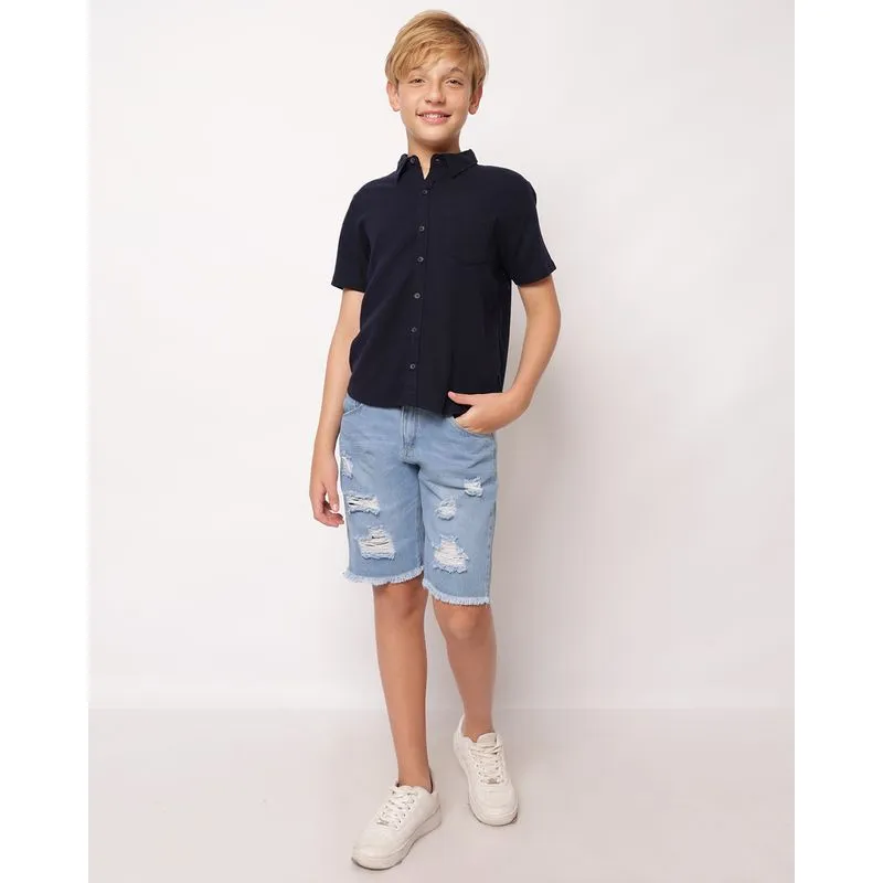 Bermuda Jeans Juvenil Reta Destroyed Azul 10