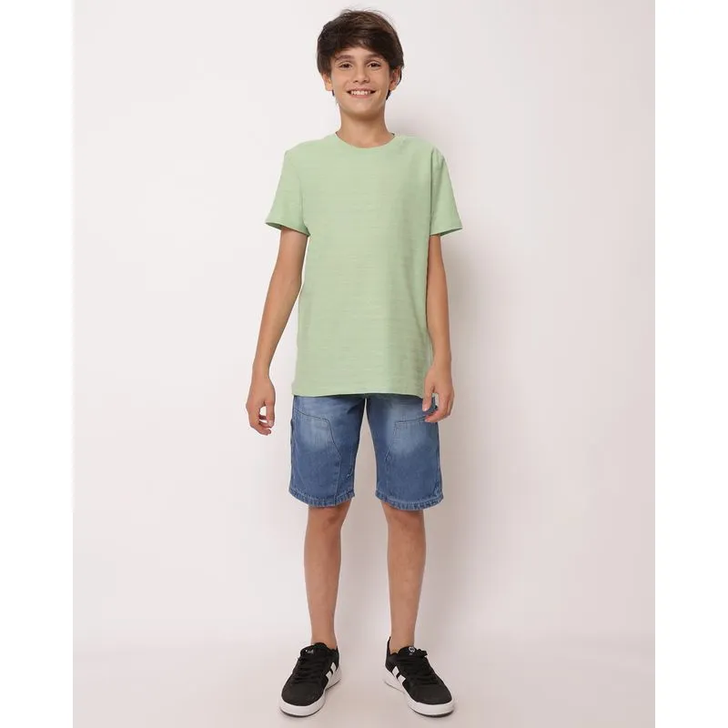 Bermuda Jeans Juvenil Reta com Recortes e Detalhes Azul 14