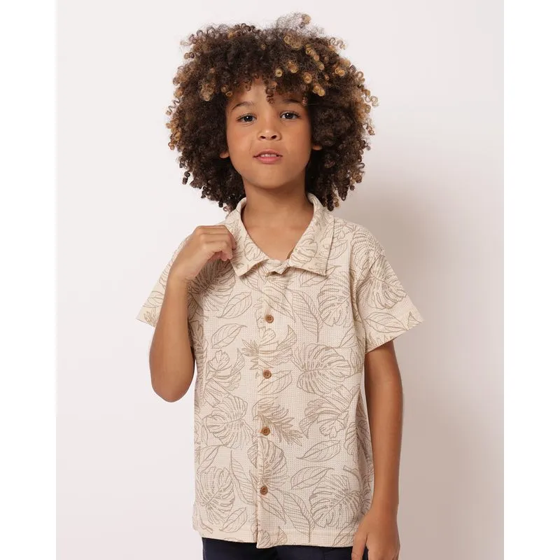 Camisa Infantil Algodão Texturizado Estampada Tropical com Botões Bege 6