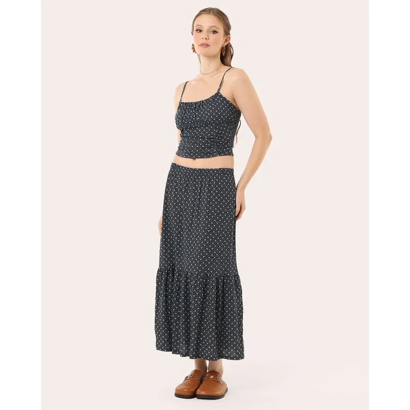 Saia Feminina Midi Estampada com Babado Azul GG