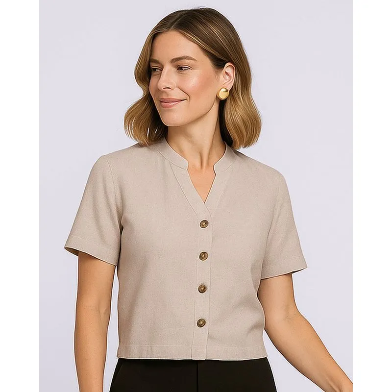 Camisa Feminina Viscolinho Gola Padre Bege M