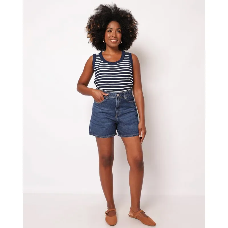 Short Jeans Feminino Curto Mom com Bolsos Azul 48