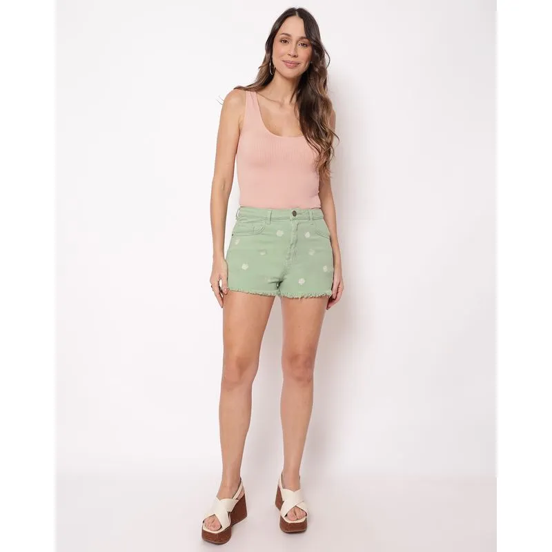 Shorts Feminino Sarja Bordado de Conchas Verde 58