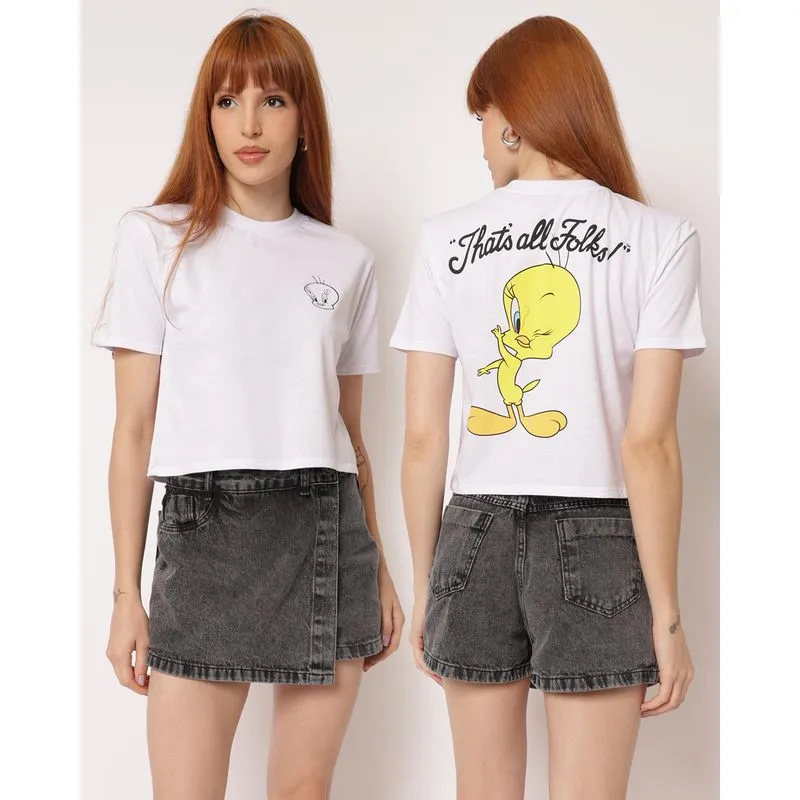 Camiseta Feminina Cropped Algodão Looney Tunes Piu Piu Branca G
