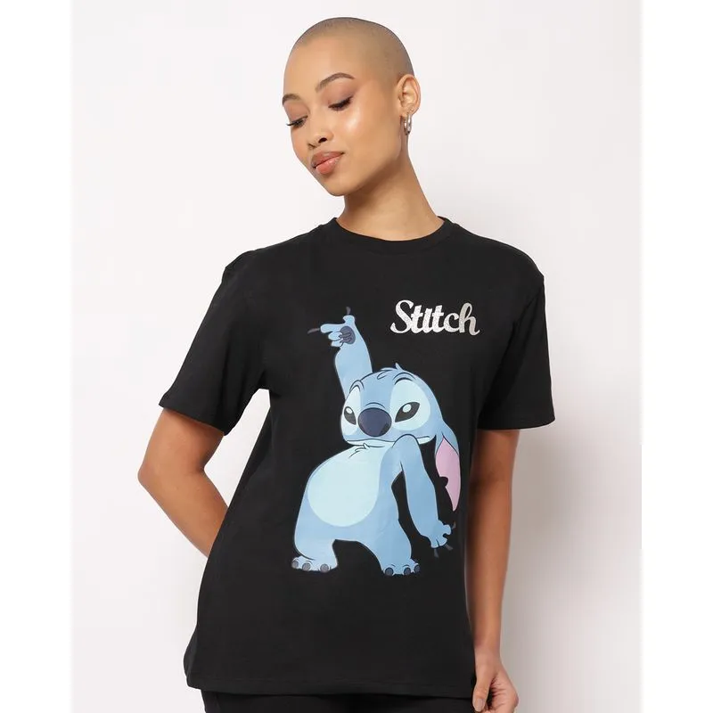 Camiseta Feminina Oversized Algodão Disney Stitch Manga Curta Preta G