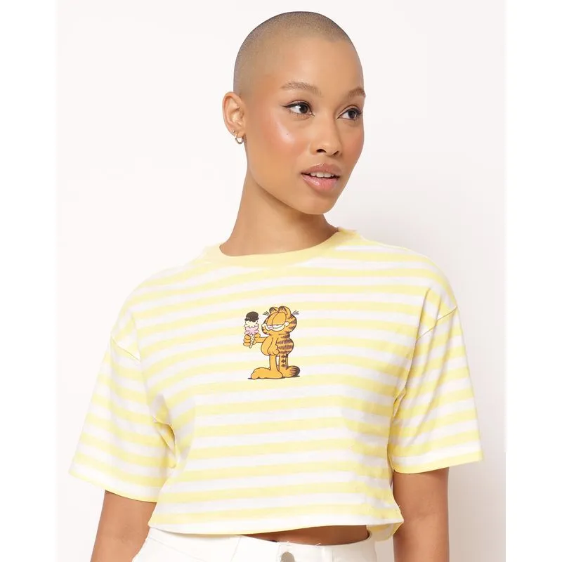 Camiseta Cropped Feminina Listrada Estampa Frontal Garfield Amarela P