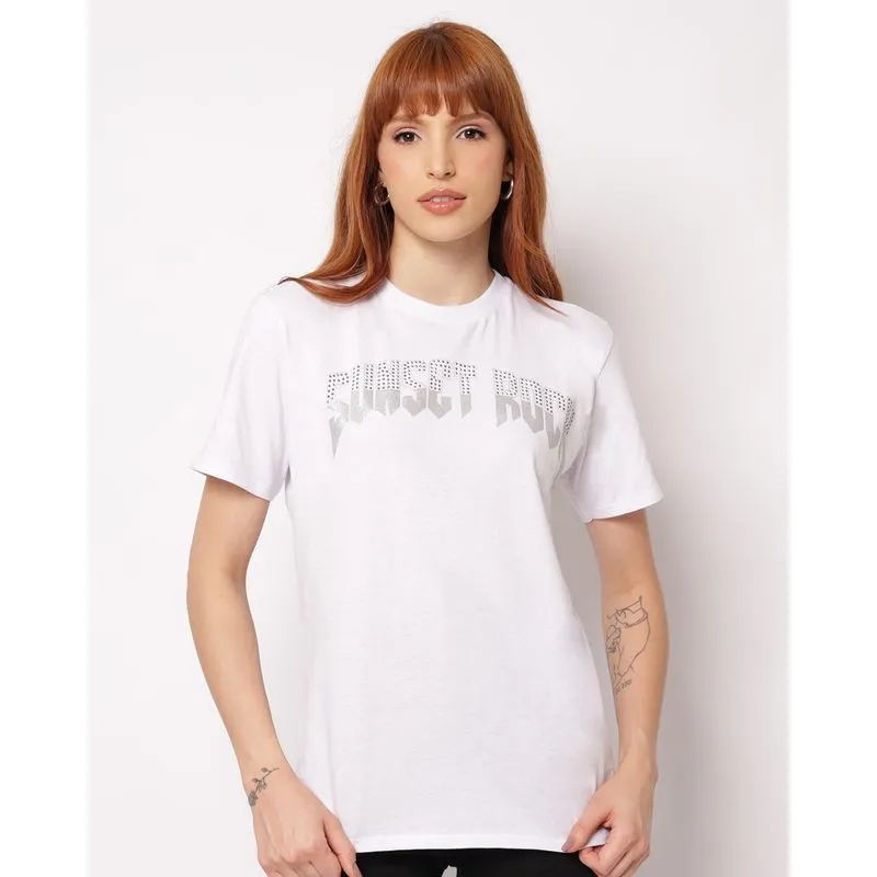 Camiseta Feminina Oversized Algodão Estampa com Strass Branca GG