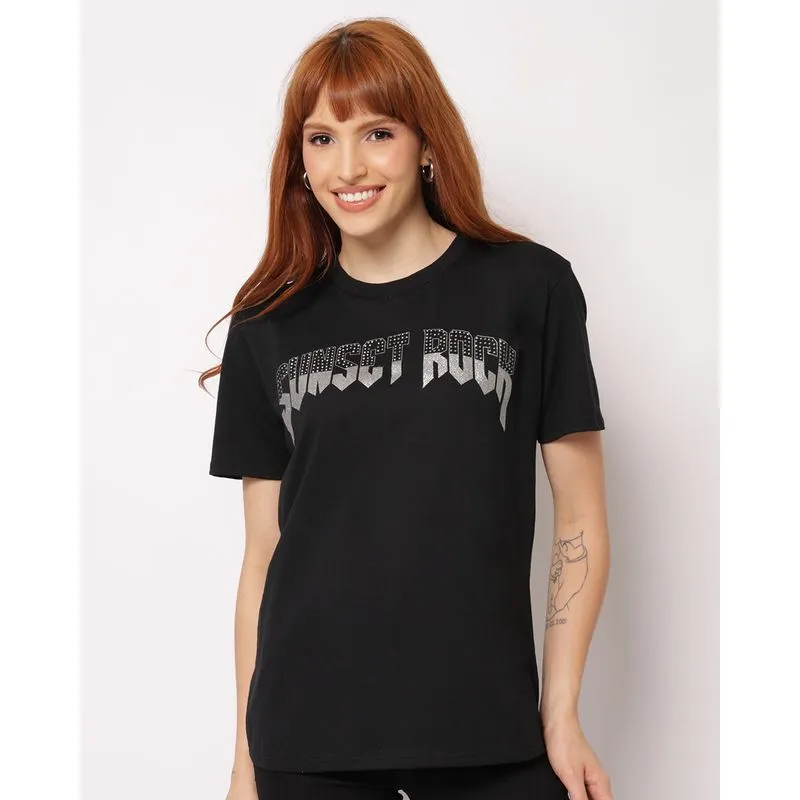 Camiseta Feminina Oversized Algodão Estampa com Strass Preta GG