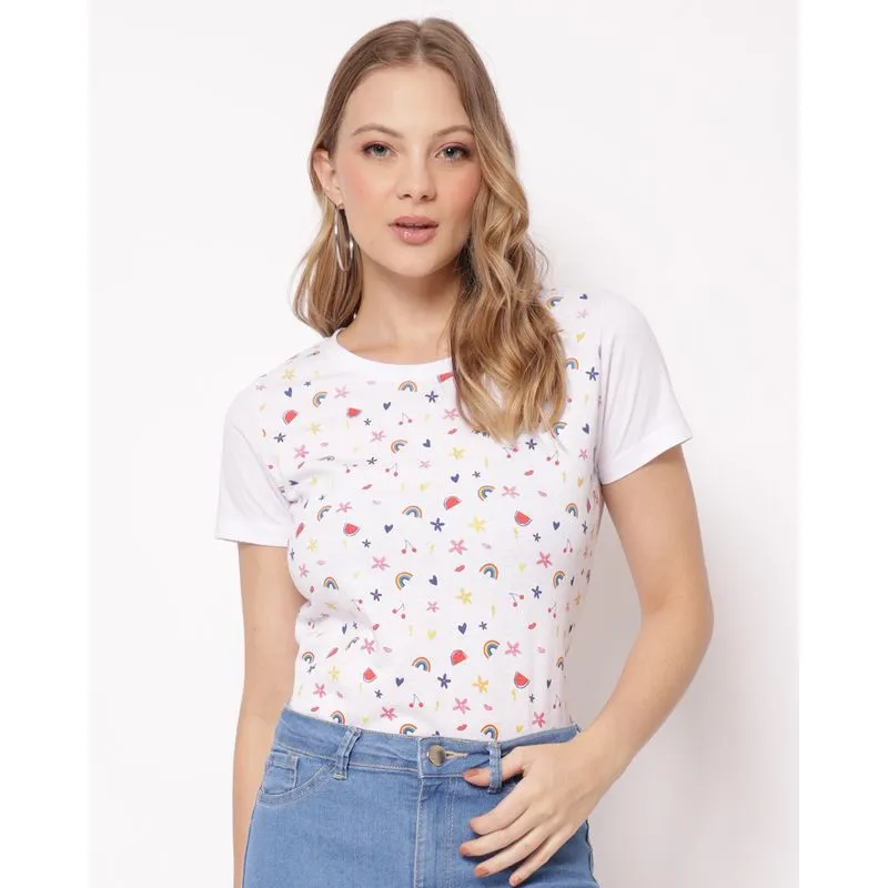 Camiseta Feminina Algodão Estampada Manga Curta Branca GG