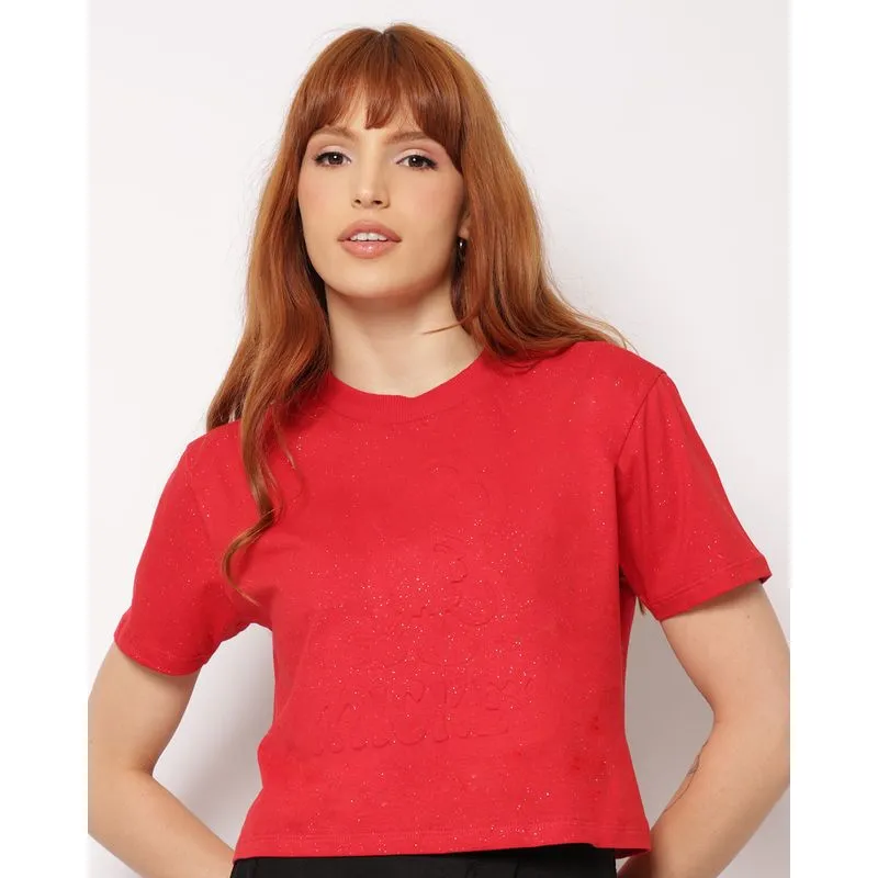 Camiseta Feminina Cropped Disney Mickey com Glitter Vermelha M