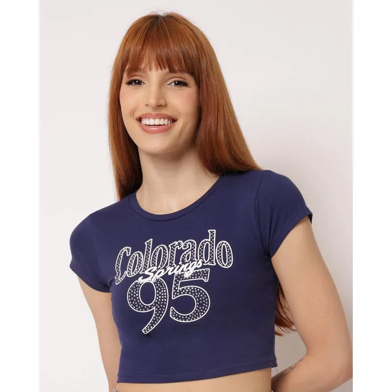 Camiseta Feminina Cropped Algodão Estampa Colorado Brilho Marinho P