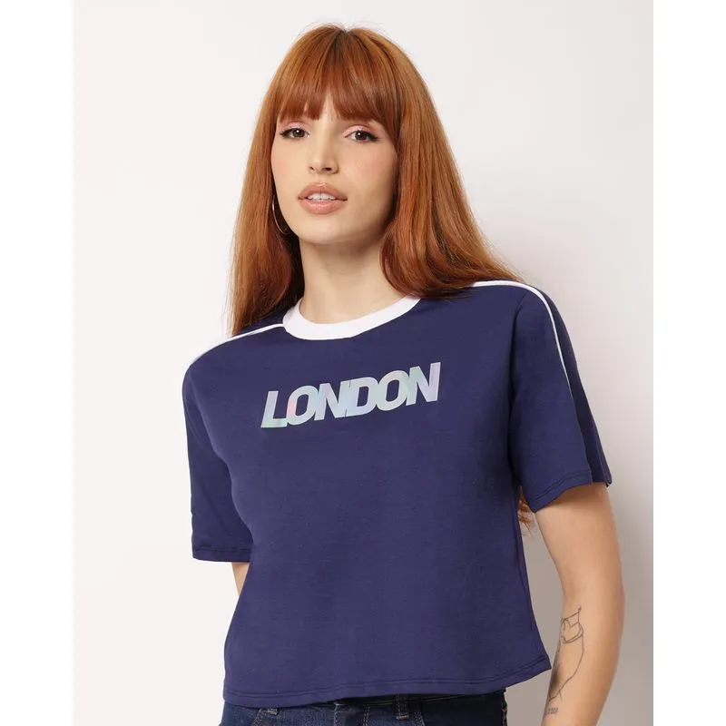 Blusa Feminina Cropped Algodão Estampa London Marinho M