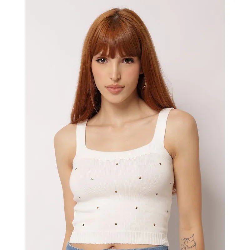 Regata Cropped Feminina Tricô com Tachas Branca P