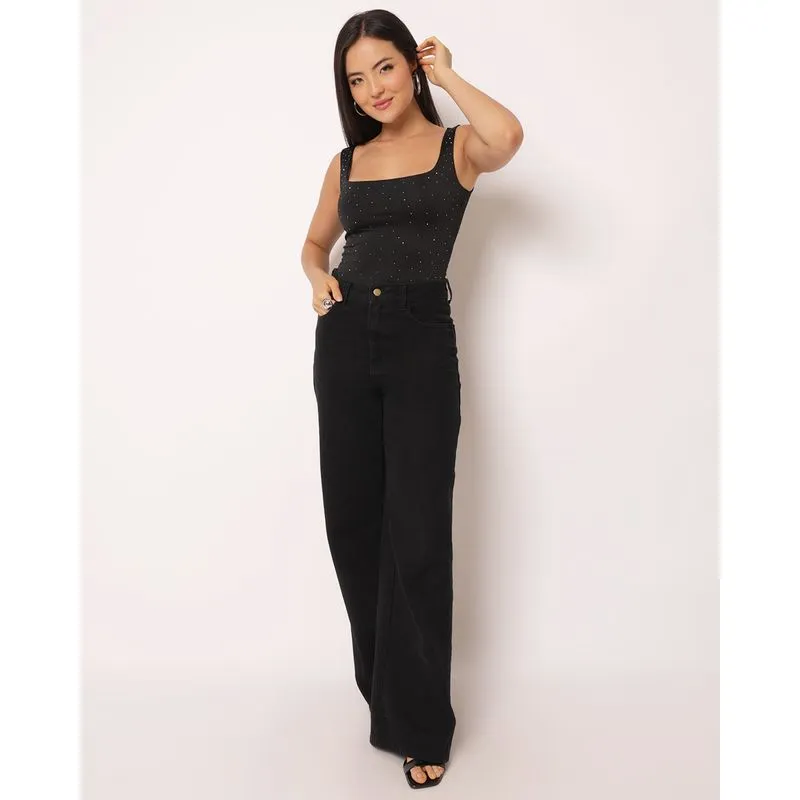 Body Feminino Regata Aplicação Strass Preto GG