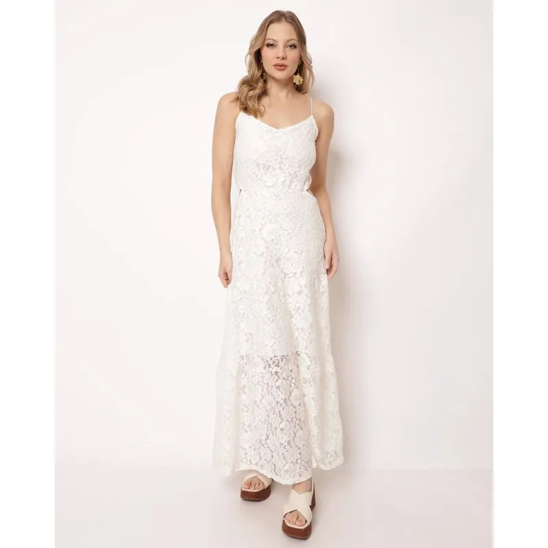 Vestido Longo Feminino Renda com Alças Finas Off White P
