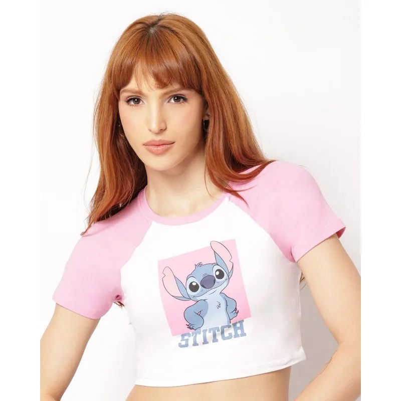 Camiseta Feminina Cropped Algodão Disney Stitch Manga Curta Branca G