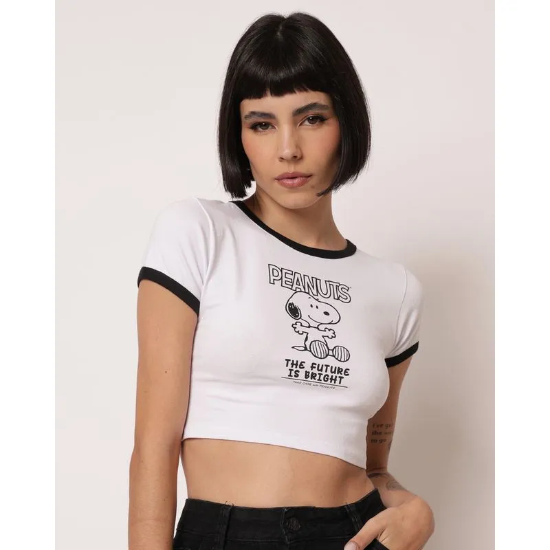 Camiseta Cropped Feminina Peanuts Estampa Snoopy Branca GG