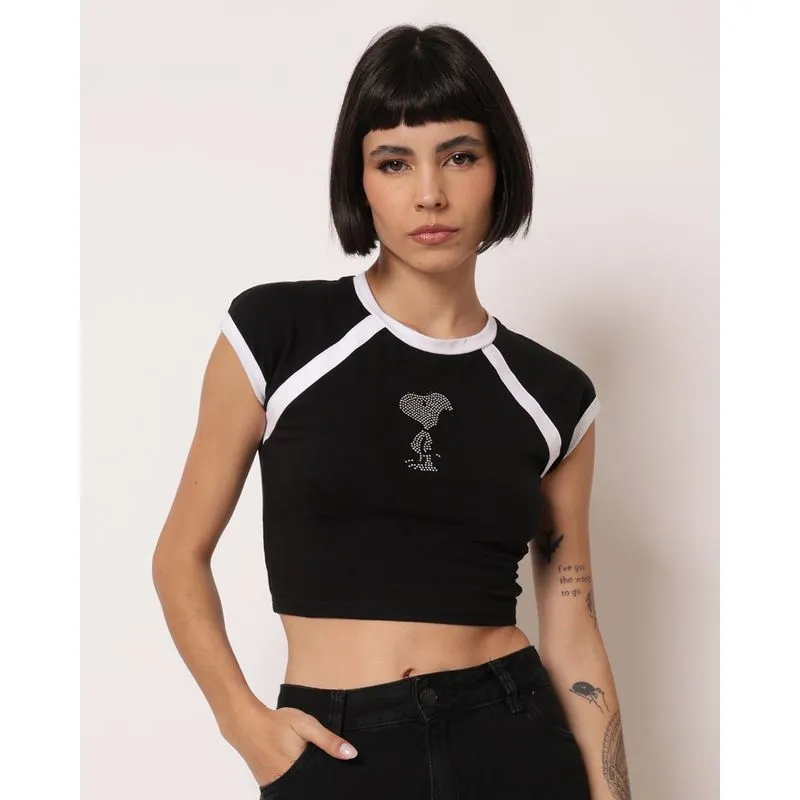 Camiseta Cropped Feminina Peanuts Snoopy com Strass Preta P