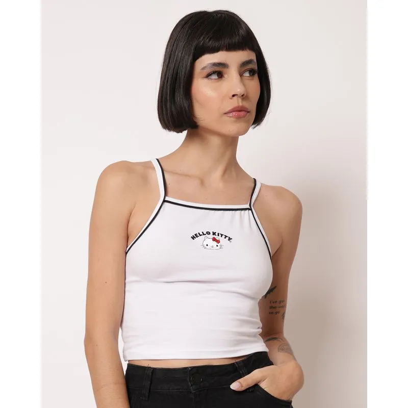 Blusa Feminina Cropped Alcinhas Bordado Hello Kitty Branca G