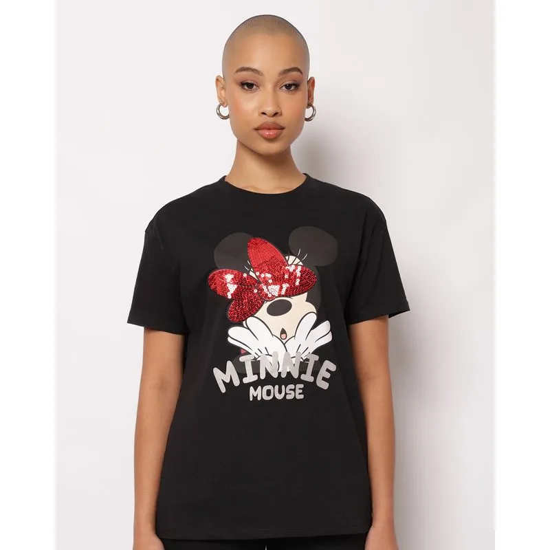 Camiseta Feminina Algodão Disney com Paetê Minnie Preta P