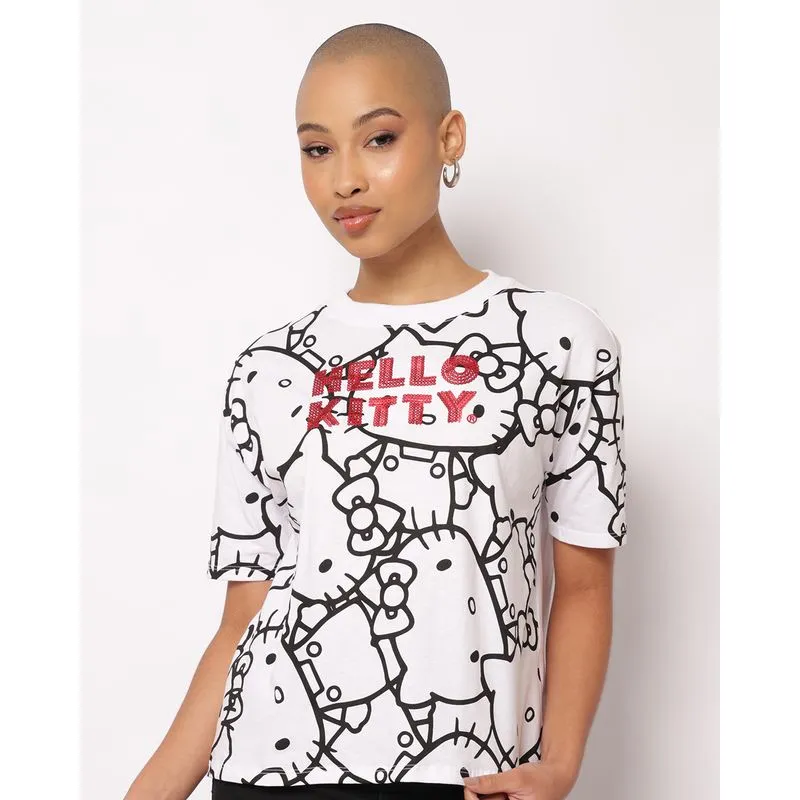 Camiseta Feminina Algodão Hello Kitty com Paetê Manga Curta Branca G