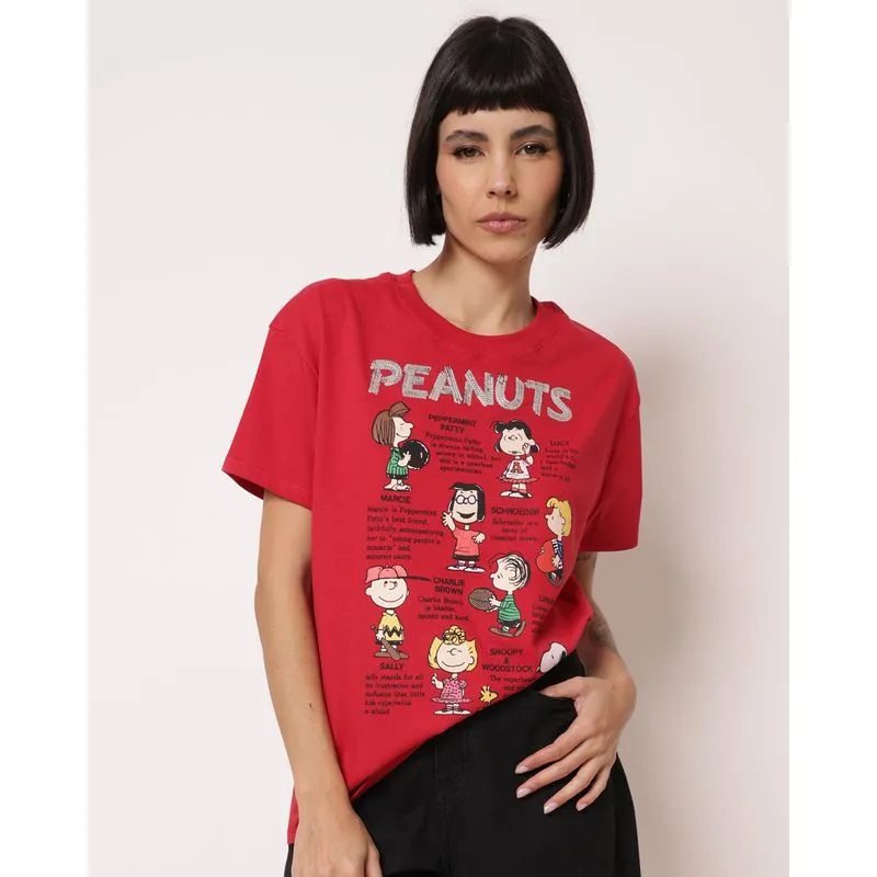 Camiseta Feminina Algodão Estampa Peanuts Vermelha P