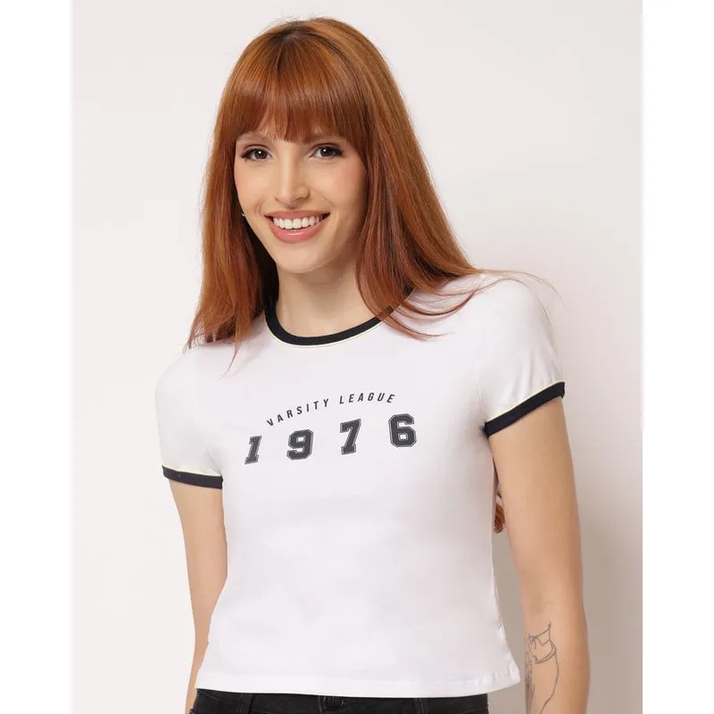 Blusa Feminina Cropped Algodão Estampa Varsity League 1976 Branca P