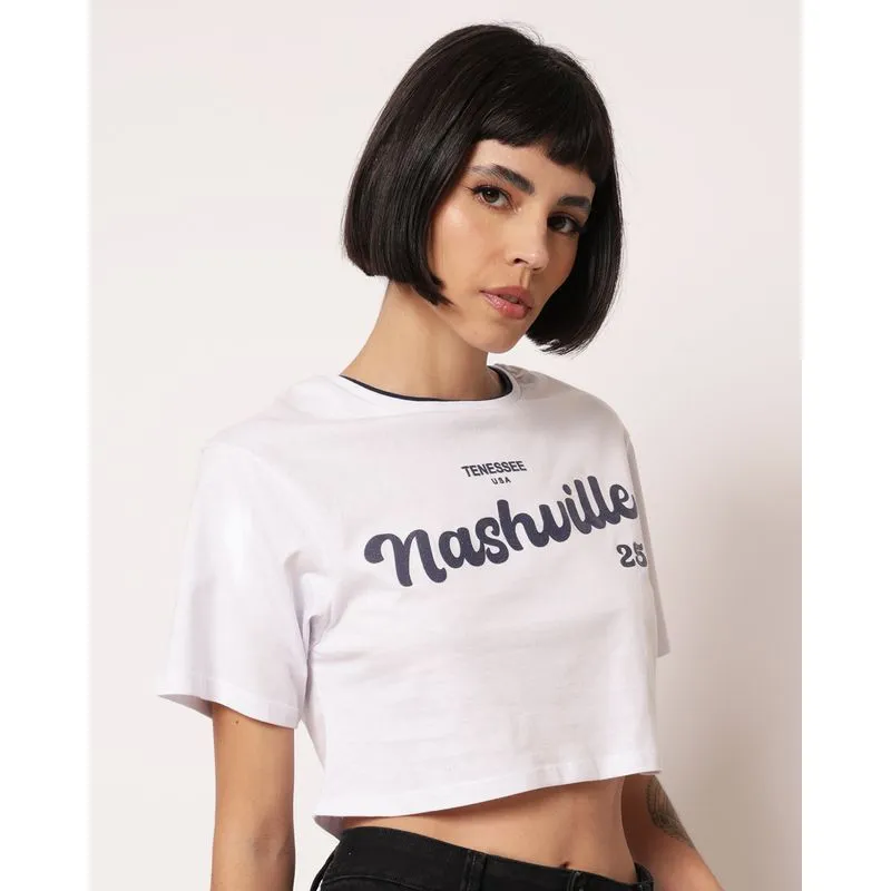 Camiseta Feminina Cropped Estampa Nashville Branca M