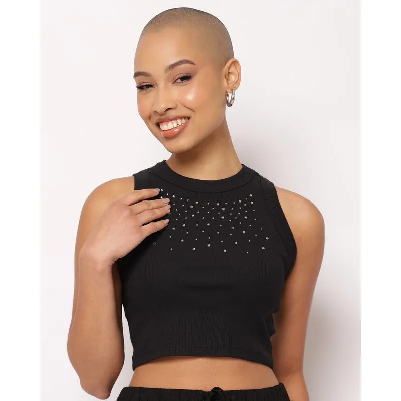 Regata Feminina Cropped Canelada Aplicação Strass Preta P
