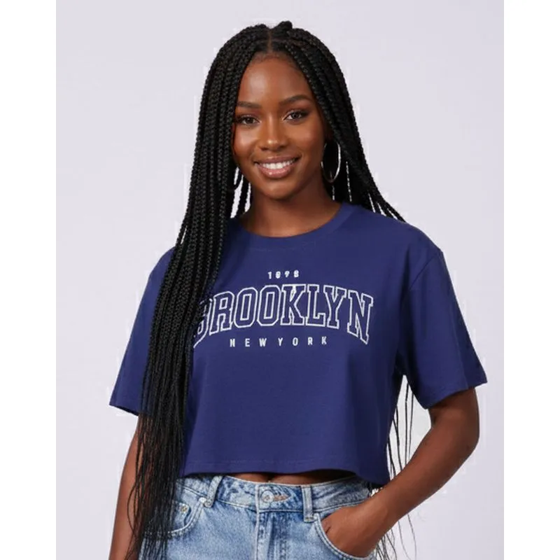 Camiseta Cropped Feminina Estampa Brookyn Marinho M