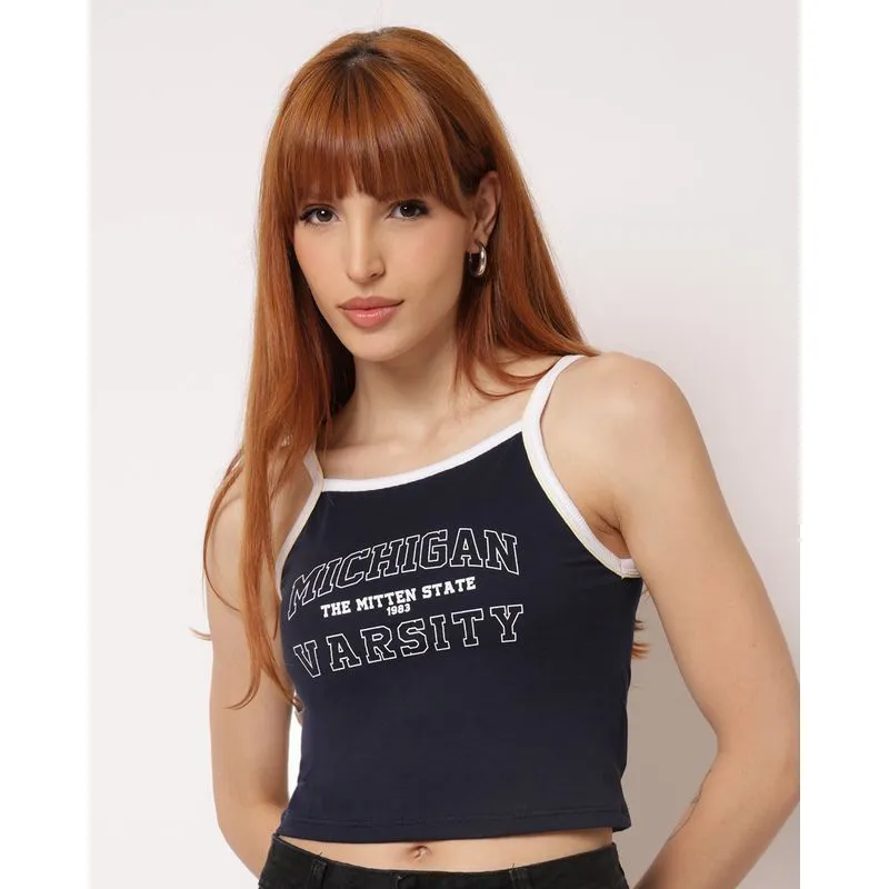 Blusa Feminina Cropped Alcinhas com Estampa Escrita Marinho G