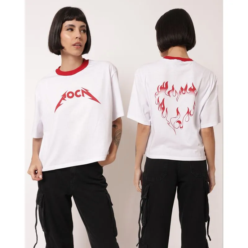 Camiseta Cropped Feminina Algodão Estampa Rock Branca G