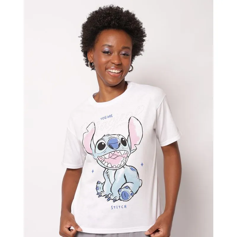 Camiseta Feminina Algodão Disney Stitch com Strass Manga Curta Branca P