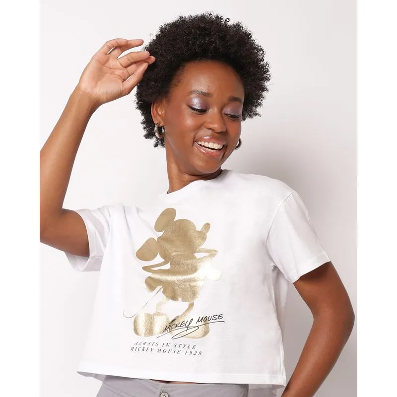 Camiseta Feminina Cropped Algodão Disney Mickey Manga Curta Branca G