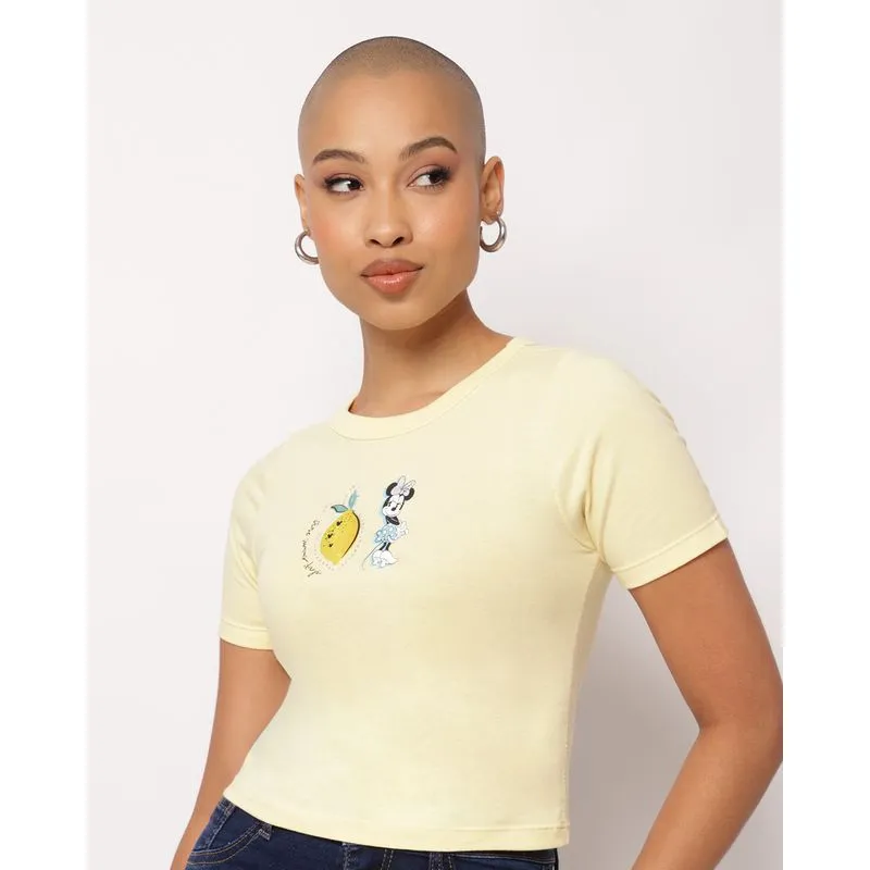 Camiseta Feminina Cropped Algodão Disney Minnie Amarela P