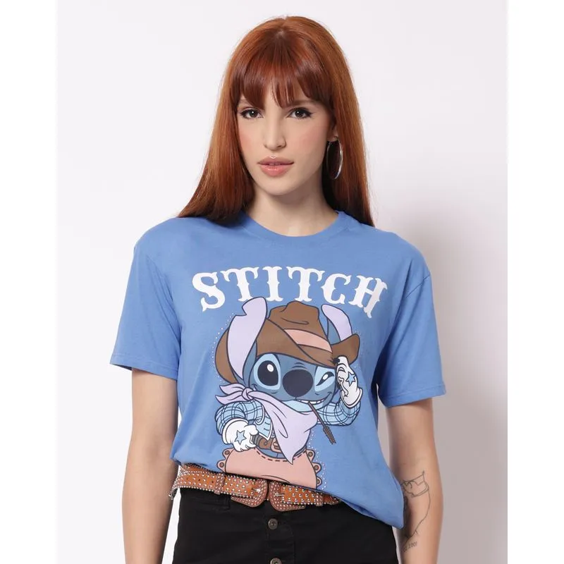 Camiseta Feminina Algodão Disney Stitch Cowboy Azul G