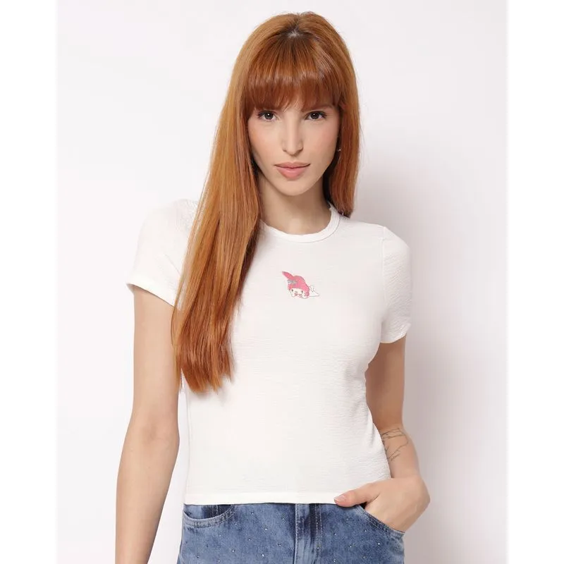 Camiseta Feminina Texturizada com Bordado My Melody Off White P