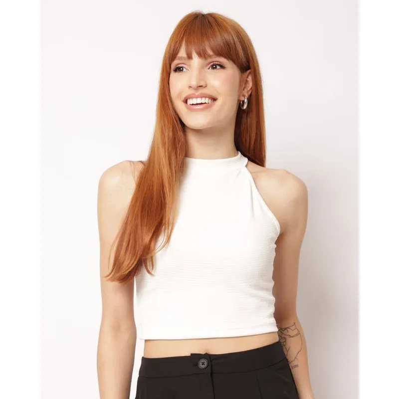Regata Feminina Cropped Cava Americana Canelada Branca GG