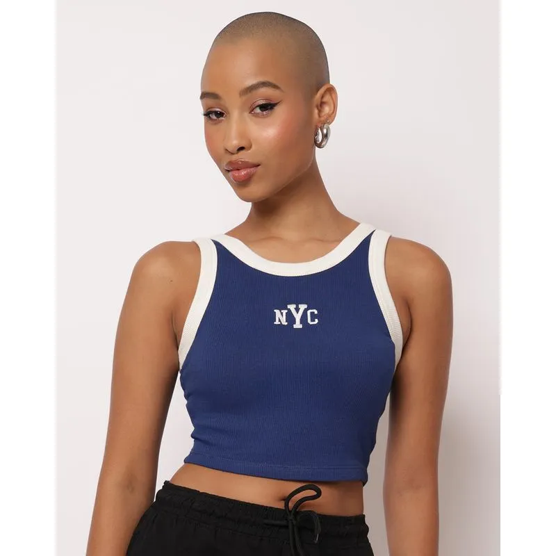 Regata Feminina Cropped Estampa Bordado NYC Marinho M