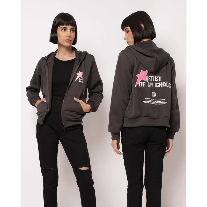 Jaqueta Moletom Feminina Star Girl com Capuz Cinza UN